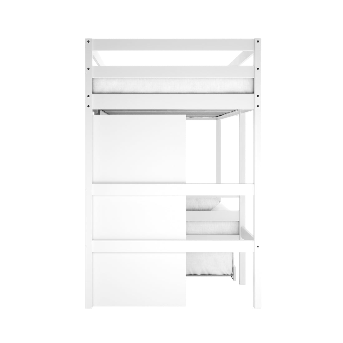 Aron Bunk Bed with Thermis Mattress - White, showcasing a sleek, triple-deck design with guard rails, sliding panel doors on middle and lower levels, and mattresses tucked behind panels for optimal space-saving.