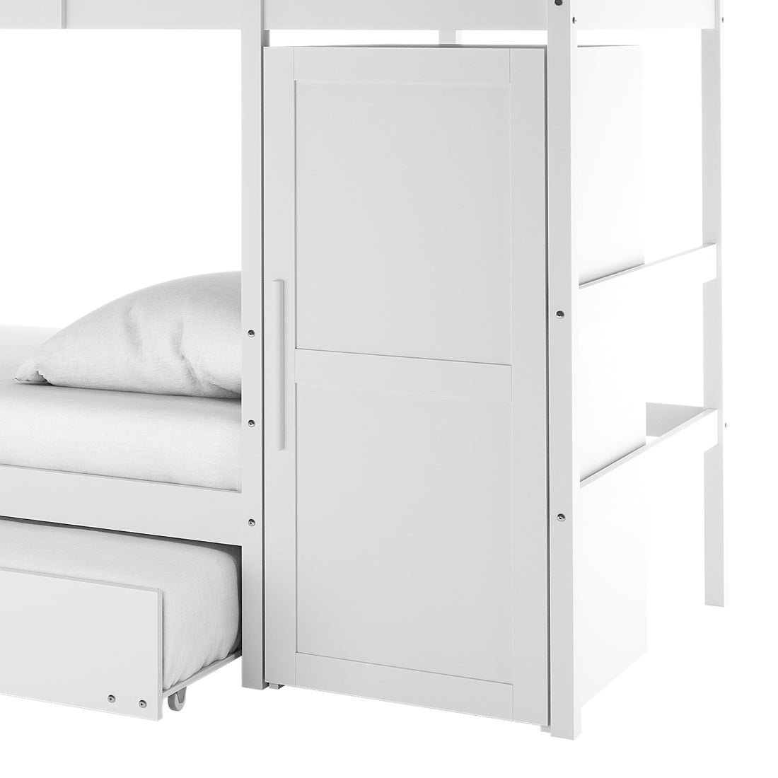 Aron Bunk Bed with Thermis Mattress - White; features a top bunk, pull-out trundle, built-in cabinet, and open shelving, showcasing its multifunctional, space-saving design for children's rooms.