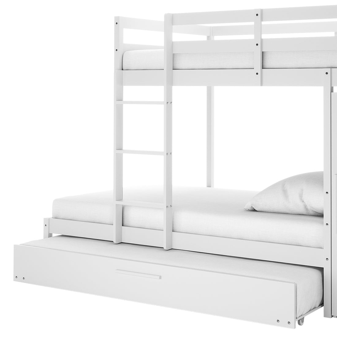 Aron Bunk Bed with Thermis Mattress - White features a minimalist design with two fixed bunks, a pull-out trundle, and a front ladder. Fitted with plain white mattresses for space-saving functionality.