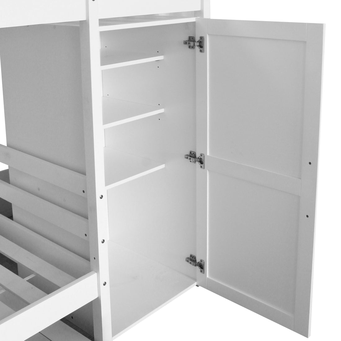 Aron Bunk Bed with Thermis Mattress - White, featuring a white wooden storage unit with an open door revealing fixed shelves, part of a space-saving bunk-bed system with built-in shelving and wardrobe space.