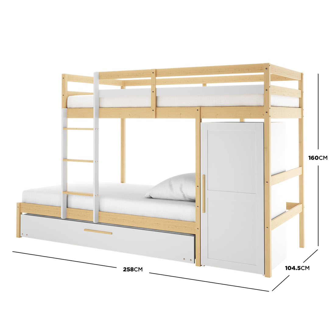 Aron Bunk Bed with Thermis Mattress - White/Natural, featuring a loft-style design with a top bunk, lower double bed, safety rails, ladder, built-in cabinet, and pull-out trundle for space-saving functionality.