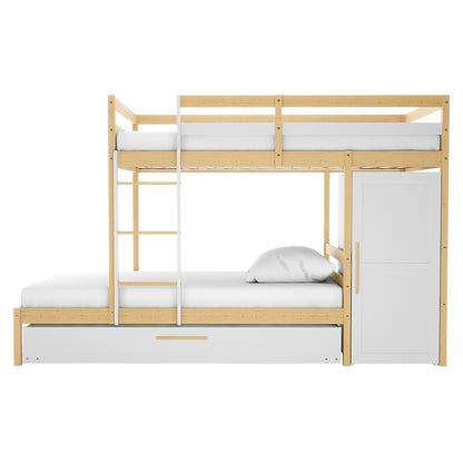 Aron Bunk Bed with Thermis Mattress - White/Natural features a light-toned wood and white two-level bunk bed, central ladder, pull-out storage drawer, and attached wardrobe, ideal for children's rooms.