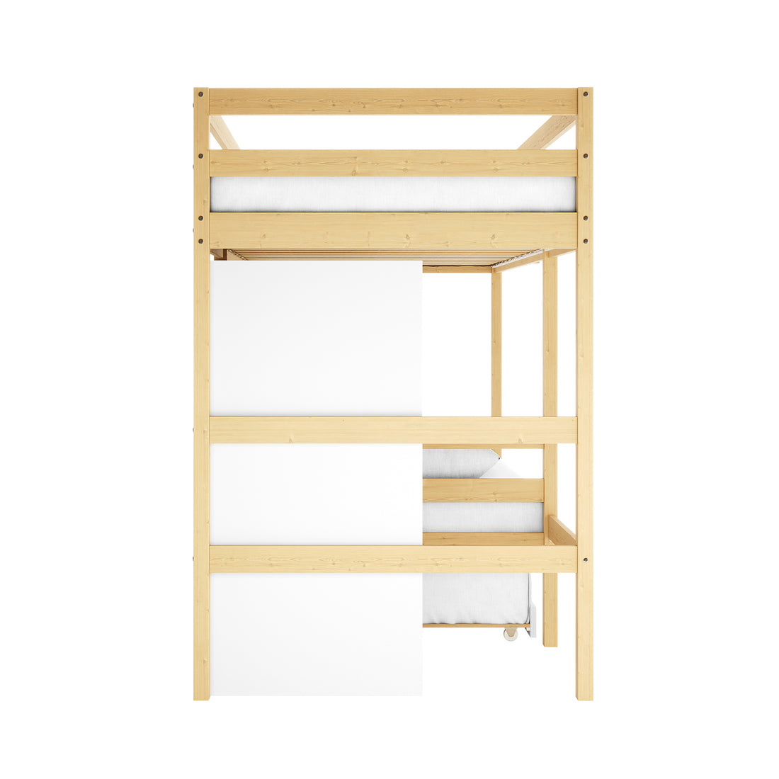 Aron Bunk Bed with Thermis Mattress - White/Natural, featuring a light wood frame with white panels, includes a lofted bed with guardrails and a lower sleeper, perfect for space-saving in children's rooms.