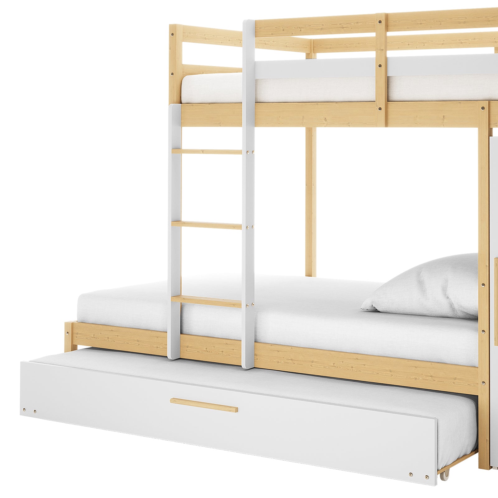 Multi-level Aron Bunk Bed with Thermis Mattress features stacked sleeping platforms, a ladder, a trundle bed drawer, and plain white bedding, offering a versatile and space-saving sleep solution for children.