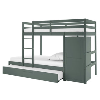 Aron Single Storage Bunk Bed with Trundle in Green features an upper bunk with guardrails, lower bunk, built-in ladder, right-side wardrobe, and pull-out trundle beneath for space-saving functionality.