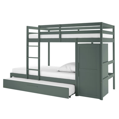 Aron Single Storage Bunk Bed with Trundle in Green features an upper bunk with guardrails, lower bunk, built-in ladder, right-side wardrobe, and pull-out trundle beneath for space-saving functionality.