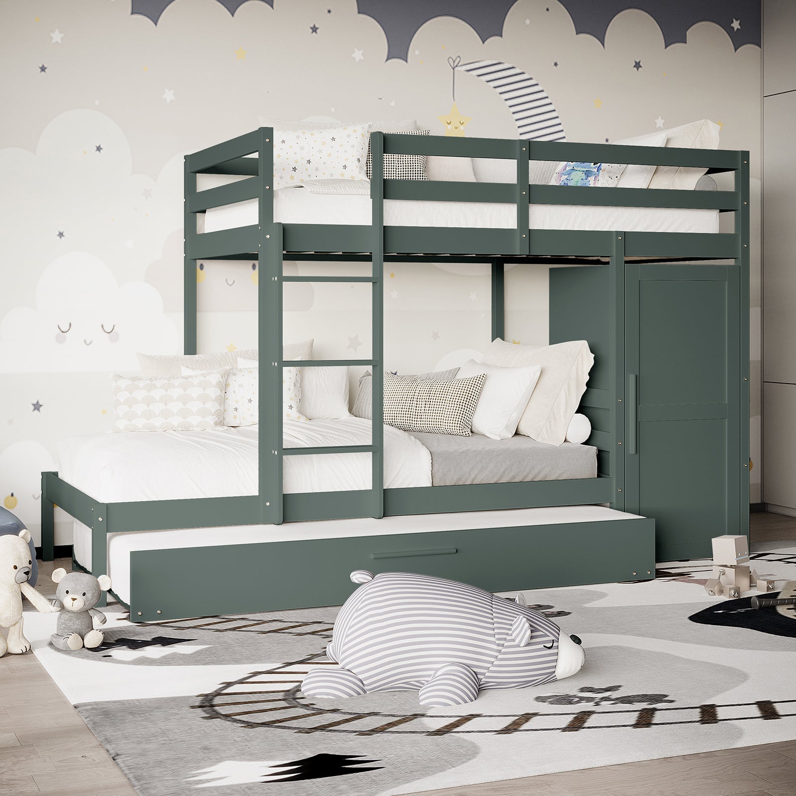 Aron Single Storage Bunk Bed with Trundle in Green, featuring a top safety rail, pull-out trundle, integrated wardrobe, simple ladder, and cozy bedding, surrounded by playful wallpaper and plush toys.