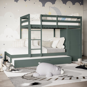 Aron Single Storage Bunk Bed with Trundle in Green, featuring a top safety rail, pull-out trundle, integrated wardrobe, simple ladder, and cozy bedding, surrounded by playful wallpaper and plush toys.