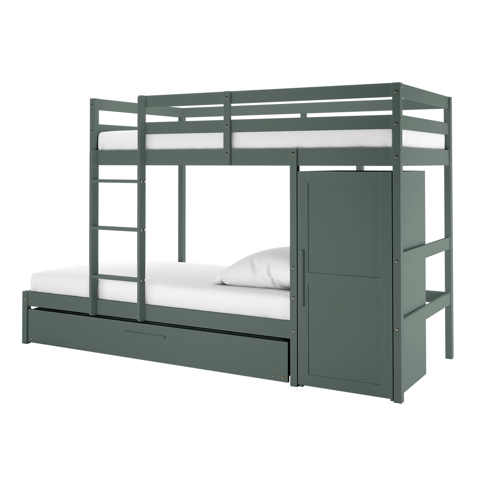 Aron Single Storage Bunk Bed with Trundle in Green, featuring an upper bunk with guardrails, a lower bunk, pull-out trundle, built-in ladder, and tall cabinet, shown against a white background.