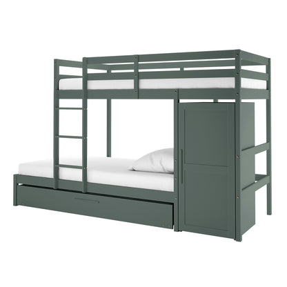 Aron Single Storage Bunk Bed with Trundle in Green, featuring an upper bunk with guardrails, a lower bunk, pull-out trundle, built-in ladder, and tall cabinet, shown against a white background.