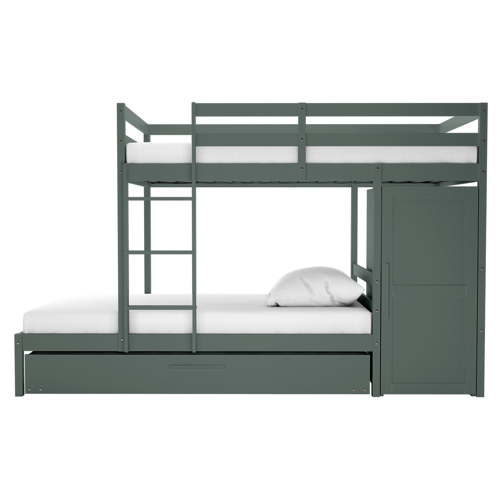 Aron Single Storage Bunk Bed with Trundle in Green features two bunks with guardrails, a built-in ladder, a pull-out trundle, integrated wardrobe, and white-dressed mattresses, perfect for space-saving and sleepovers.