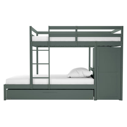 Aron Single Storage Bunk Bed with Trundle in Green features two bunks with guardrails, a built-in ladder, a pull-out trundle, integrated wardrobe, and white-dressed mattresses, perfect for space-saving and sleepovers.