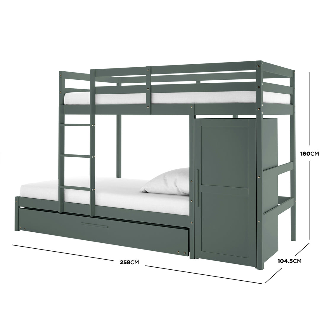 Green bunk bed with pull-out trundle and wardrobe, dimensions annotated