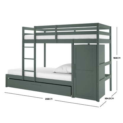 Green bunk bed with pull-out trundle and wardrobe, dimensions annotated