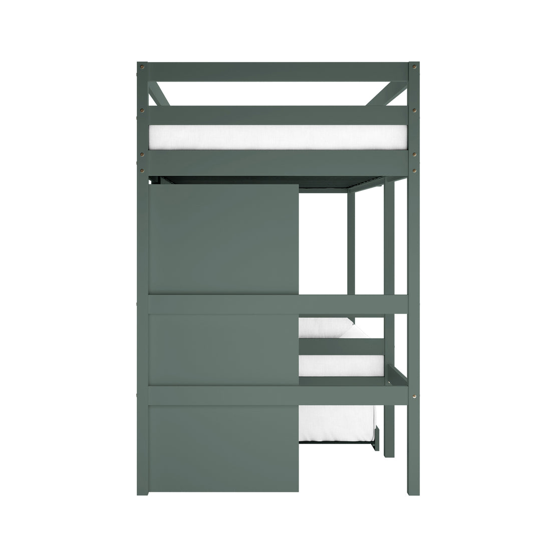 Aron Single Storage Bunk Bed with Trundle in Green, featuring a modern two-level design with guardrails, sliding panel, and visible white mattresses, complemented by brass fasteners for a sleek, space-saving look.