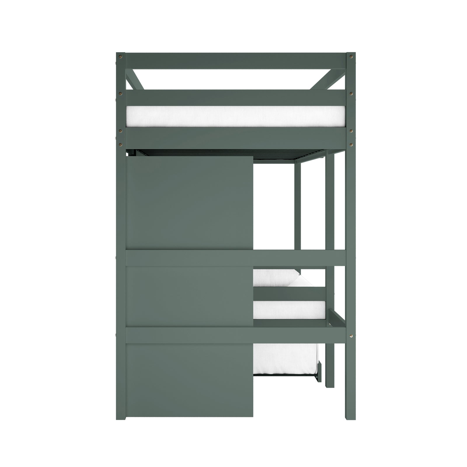 Aron Single Storage Bunk Bed with Trundle in Green, featuring a modern two-level design with guardrails, sliding panel, and visible white mattresses, complemented by brass fasteners for a sleek, space-saving look.