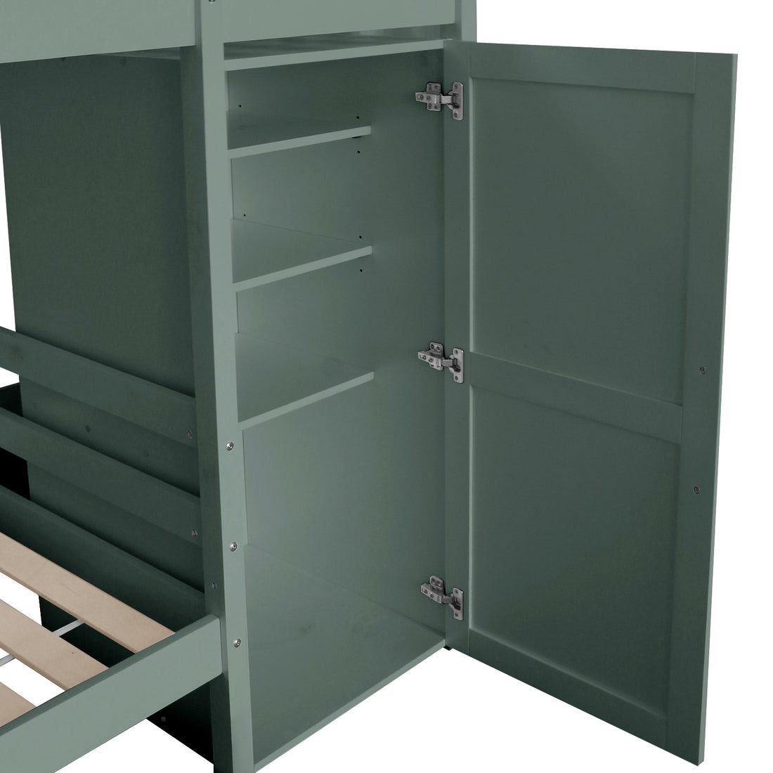 Aron Single Storage Bunk Bed with Trundle features a wooden bed frame with visible slats, an attached open side cabinet revealing shelves, and European-style hinges, showcasing space-saving functionality.