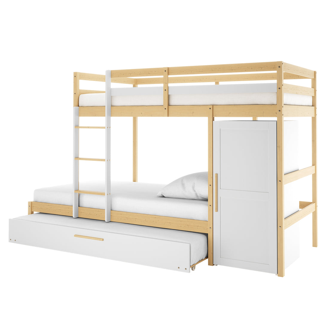 Aron Single Storage Bunk Bed with Trundle in Natural features a three-tiered design: upper bunk with guardrails, middle bunk with ladder, pull-out trundle, and integrated cabinet, maximizing space and functionality.