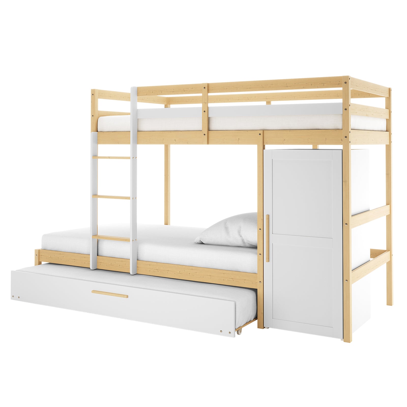 Aron Single Storage Bunk Bed with Trundle in Natural features a three-tiered design: upper bunk with guardrails, middle bunk with ladder, pull-out trundle, and integrated cabinet, maximizing space and functionality.