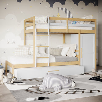Aron Single Storage Bunk Bed with Trundle in Natural, featuring a two-level design with integrated wardrobe, pull-out trundle, and patterned bedding, set against a whimsical cloud mural in a cozy children's bedroom.