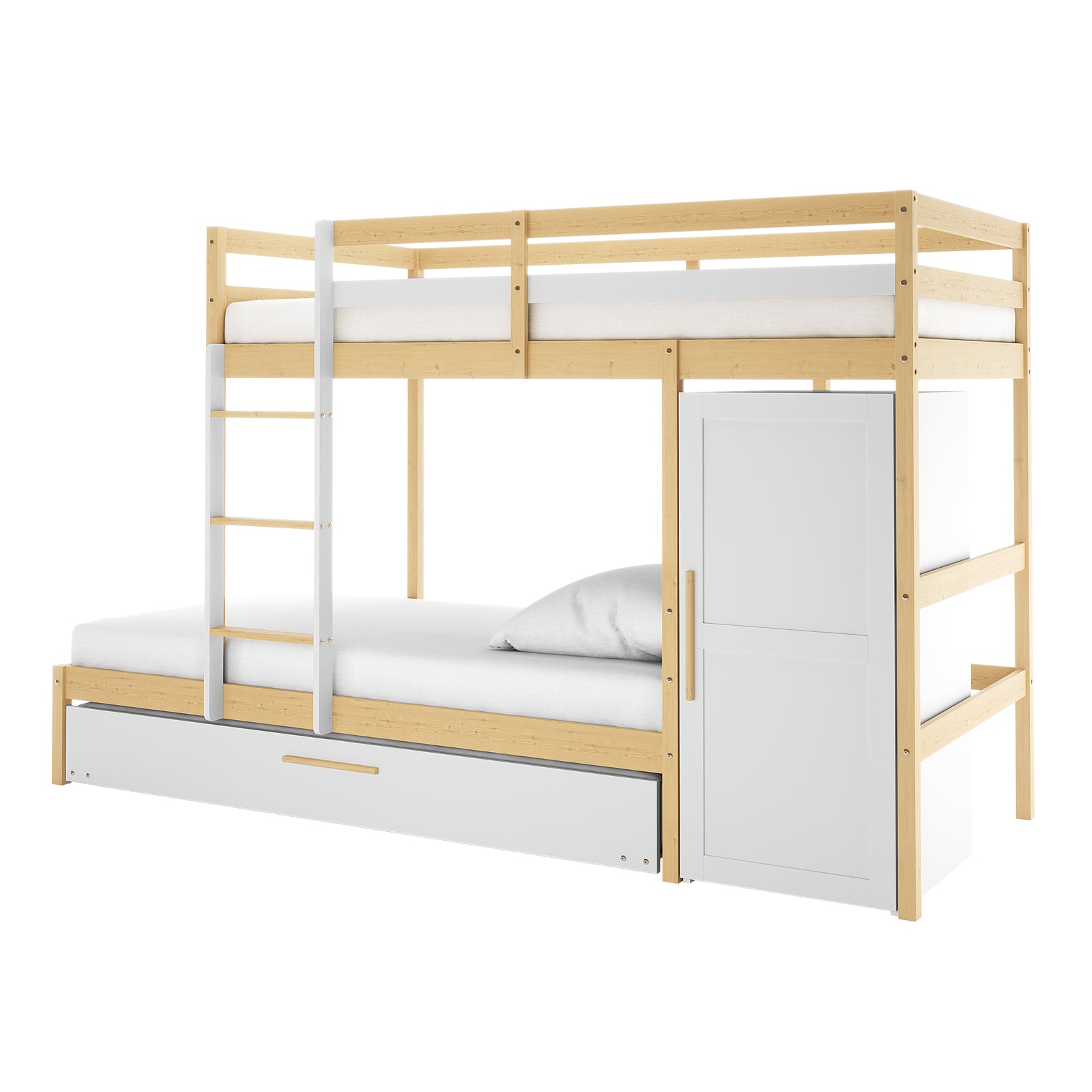 Aron Single Storage Bunk Bed with Trundle in Natural features a light-toned wood frame with white accents, upper guardrails, a vertical ladder, pull-out trundle drawer, and built-in side cabinet storage.