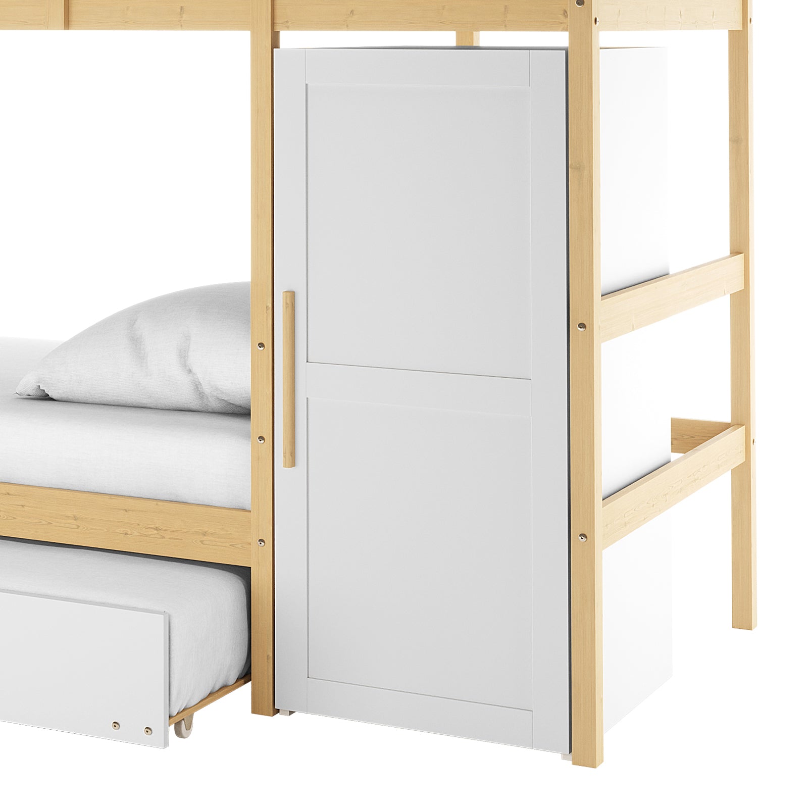 Aron Single Storage Bunk Bed with Trundle in Natural, showcasing a wooden frame with built-in white cabinet, pull-out trundle drawer, and part of the ladder or guard-rail on the side.