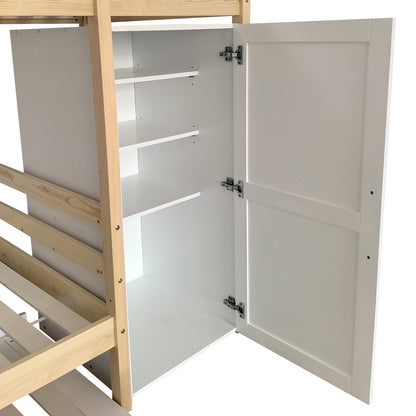 Aron Single Storage Bunk Bed with Trundle in Natural; features natural-wood frame, white storage cabinet with open door revealing shelves, and metal-hinged door, showcasing functional and stylish design elements.