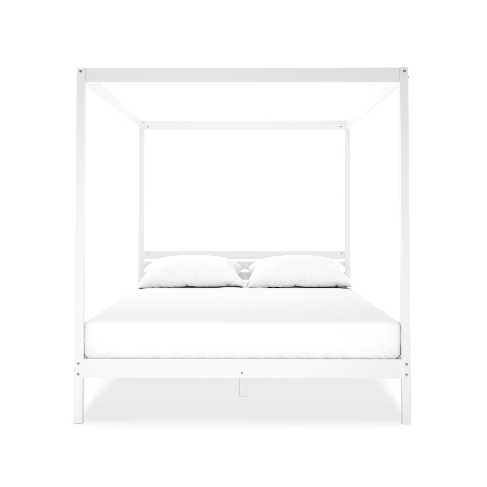 Aurelius Queen Solid Pine 4-Post Canopy Bed Frame in White, featuring a minimalist design with a mattress and two pillows, highlighting its elegant four-poster structure for a luxurious bedroom setting.