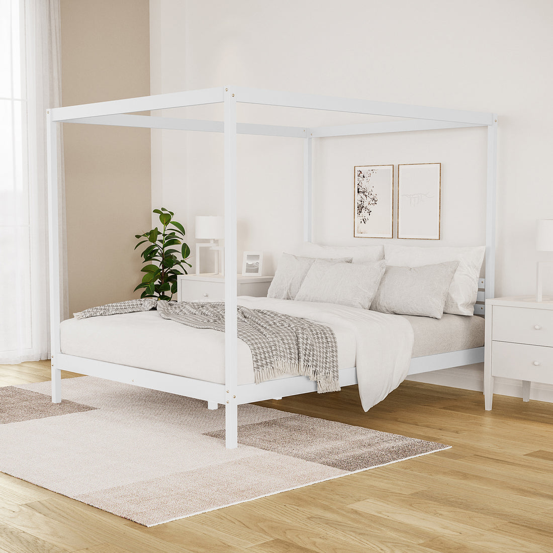 Aurelius Queen Solid Pine 4-Post Canopy Bed Frame in White, featuring elegant posts, light-neutral bedding, and abstract wall art, complemented by white nightstands and a cozy area rug in a serene bedroom corner.