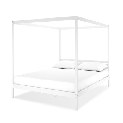Aurelius Queen Solid Pine 4-Post Canopy Bed Frame in White, featuring a minimalist design with a mattress and two pillows, showcasing its elegant four-poster structure for a luxurious bedroom retreat.