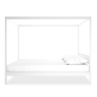 Aurelius Queen Solid Pine 4-Post Canopy Bed Frame in White, featuring a sleek design with a mattress and pillow, highlighting its elegant four-poster structure perfect for personalisation and stylish bedroom transformation.