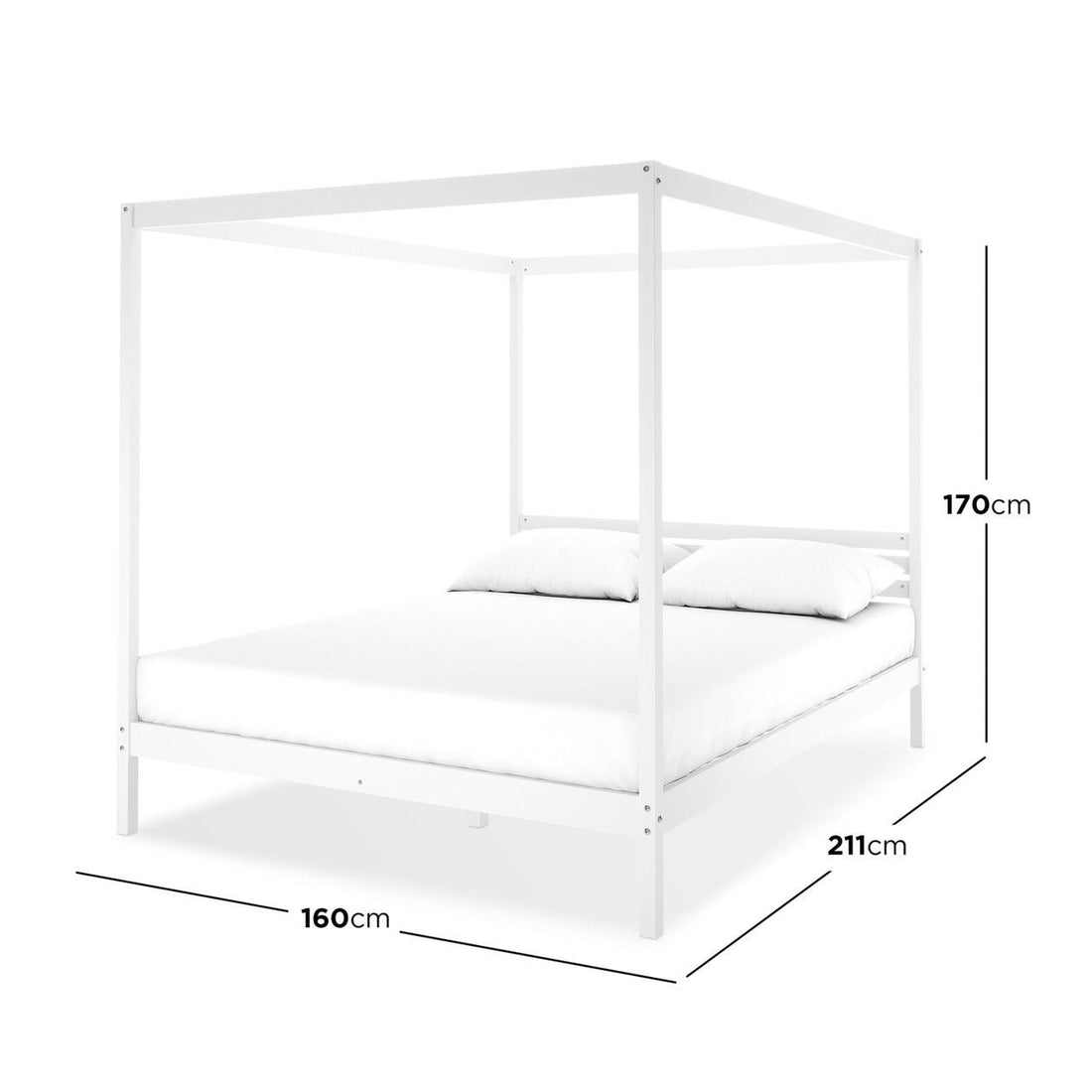 Aurelius Queen Solid Pine 4-Post Canopy Bed Frame in White, showcasing a minimalist design with a white mattress and pillows. Dimensions: 160cm width, 211cm length, 170cm height.