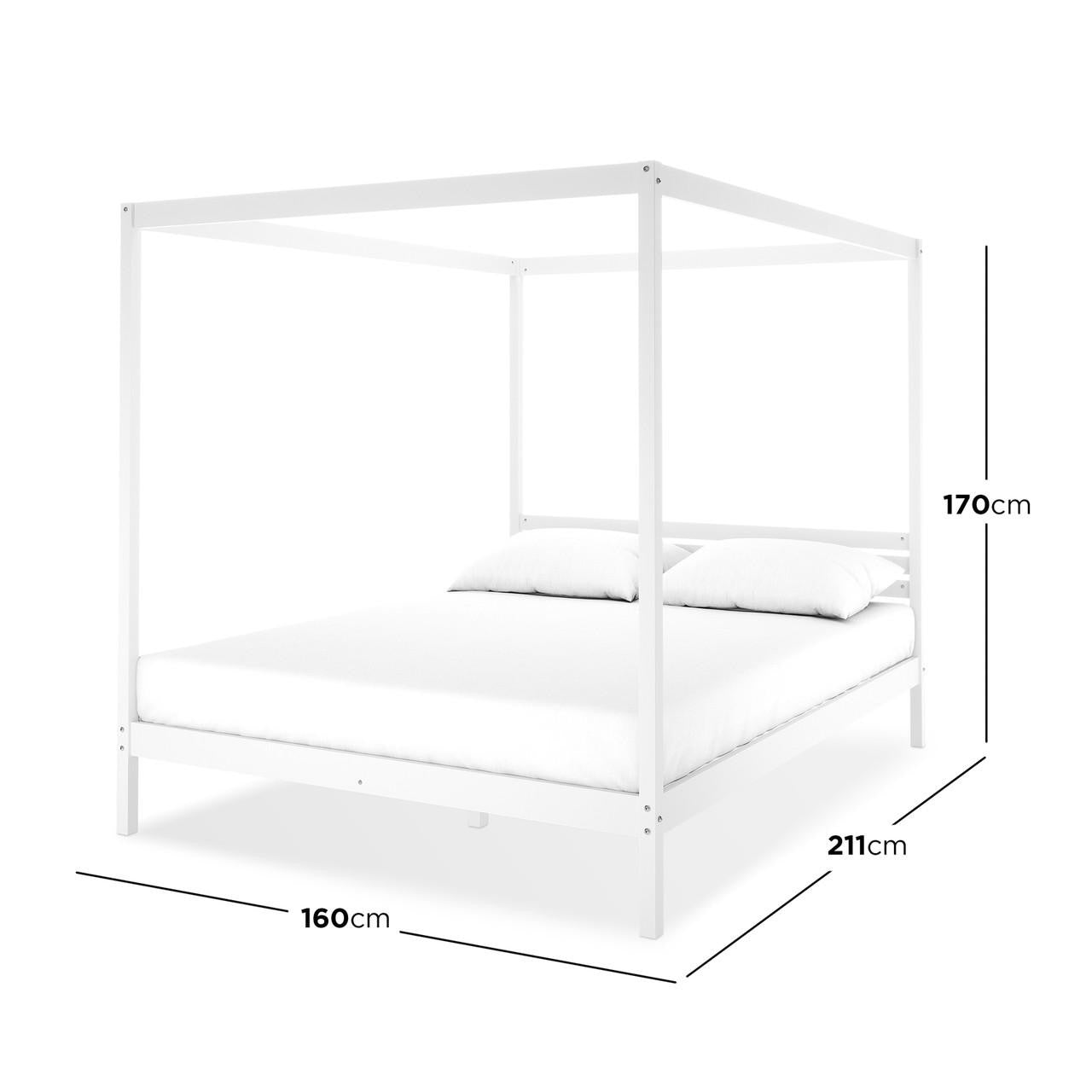 Aurelius Queen Solid Pine 4-Post Canopy Bed Frame in White, showcasing a minimalist design with a white mattress and pillows. Dimensions: 160cm width, 211cm length, 170cm height.