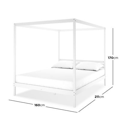 Aurelius Queen Solid Pine 4-Post Canopy Bed Frame in White, showcasing a sleek, modern design with a mattress and two pillows. Dimensions: 160cm wide, 211cm long, 170cm high.