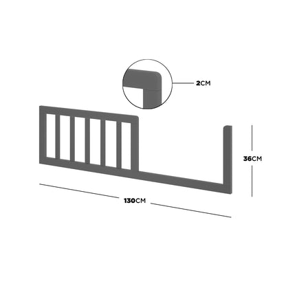 Azeem & Giro Solid Pine Baby Cot with Convertible Rail Set features a 130cm long, 36cm high side rail with 2cm thick rounded corners and vertical slats in a rectangular frame.