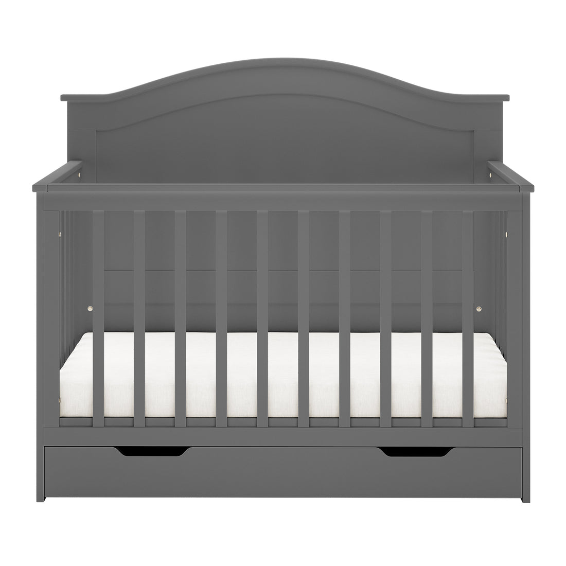 Azeem & Giro Solid Pine Baby Cot with Convertible Rail Set Grey features vertical slats, an arched headboard, white mattress, and a built-in drawer, showcasing a versatile 3-in-1 design.