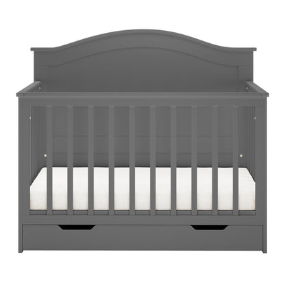 Azeem & Giro Solid Pine Baby Cot with Convertible Rail Set Grey features vertical slats, an arched headboard, white mattress, and a built-in drawer, showcasing a versatile 3-in-1 design.