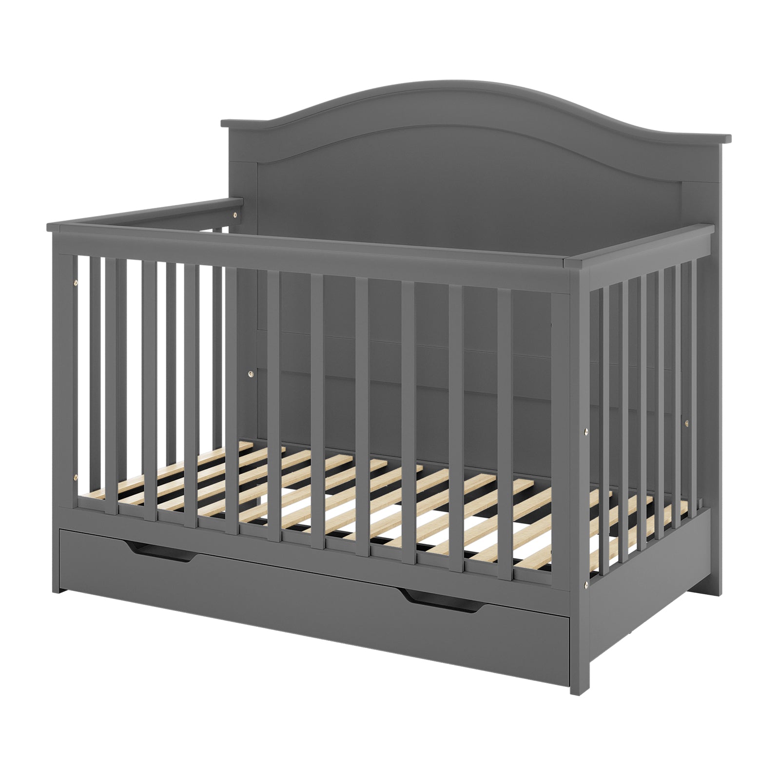 Azeem & Giro Solid Pine Baby Cot with Convertible Rail Set Grey features a slatted frame, pull-out drawer, and convertible design for transitioning from cot to toddler bed.