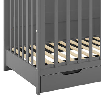 Azeem & Giro Solid Pine Baby Cot with Convertible Rail Set, featuring vertical guard rails, wooden slat mattress support, and a built-in drawer, showcasing its 3-in-1 design and functionality.
