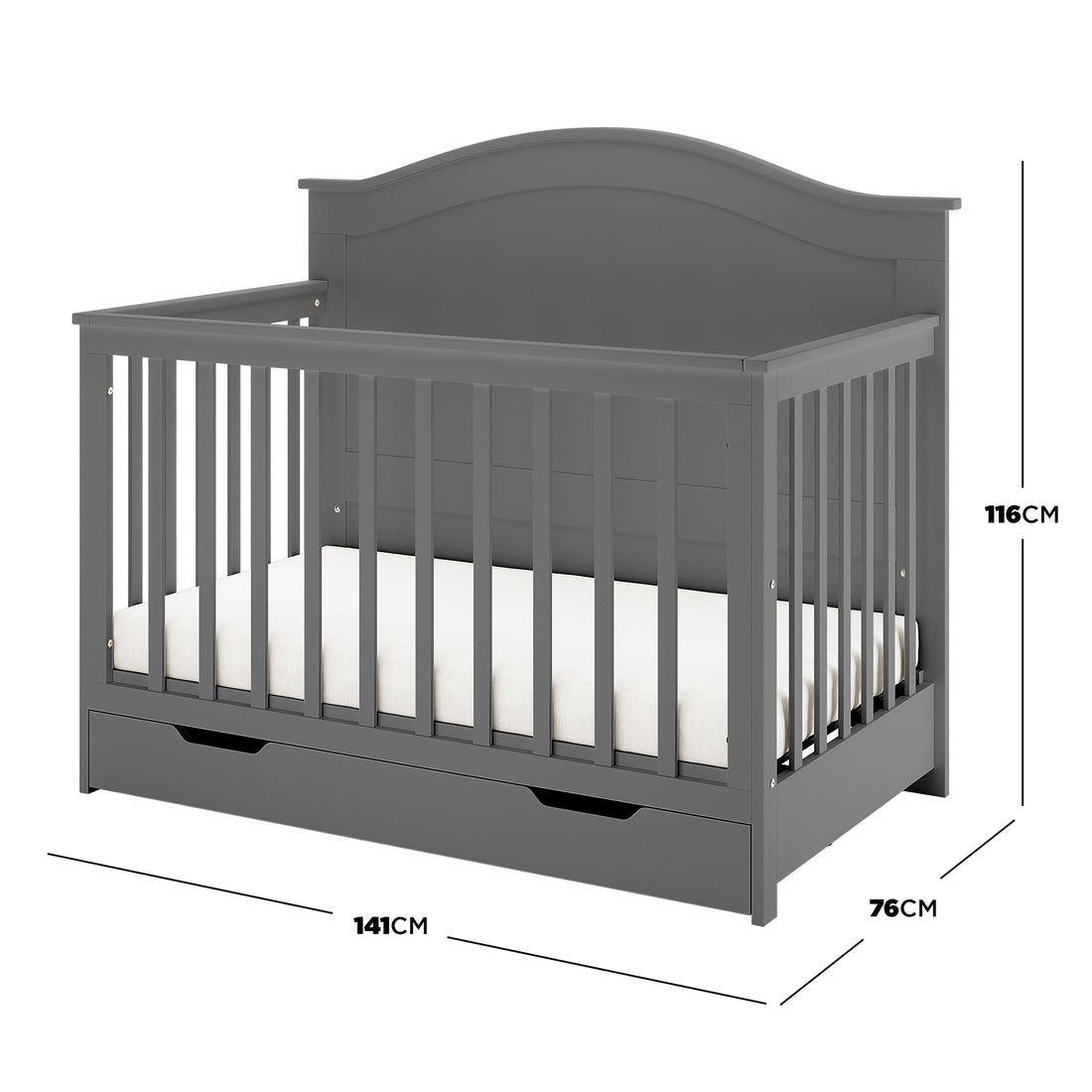 Azeem & Giro Solid Pine Baby Cot with Convertible Rail Set Grey features a gray wooden frame with slatted sides, a scalloped headboard, and a base storage drawer, measuring 141cm x 76cm x 116cm.