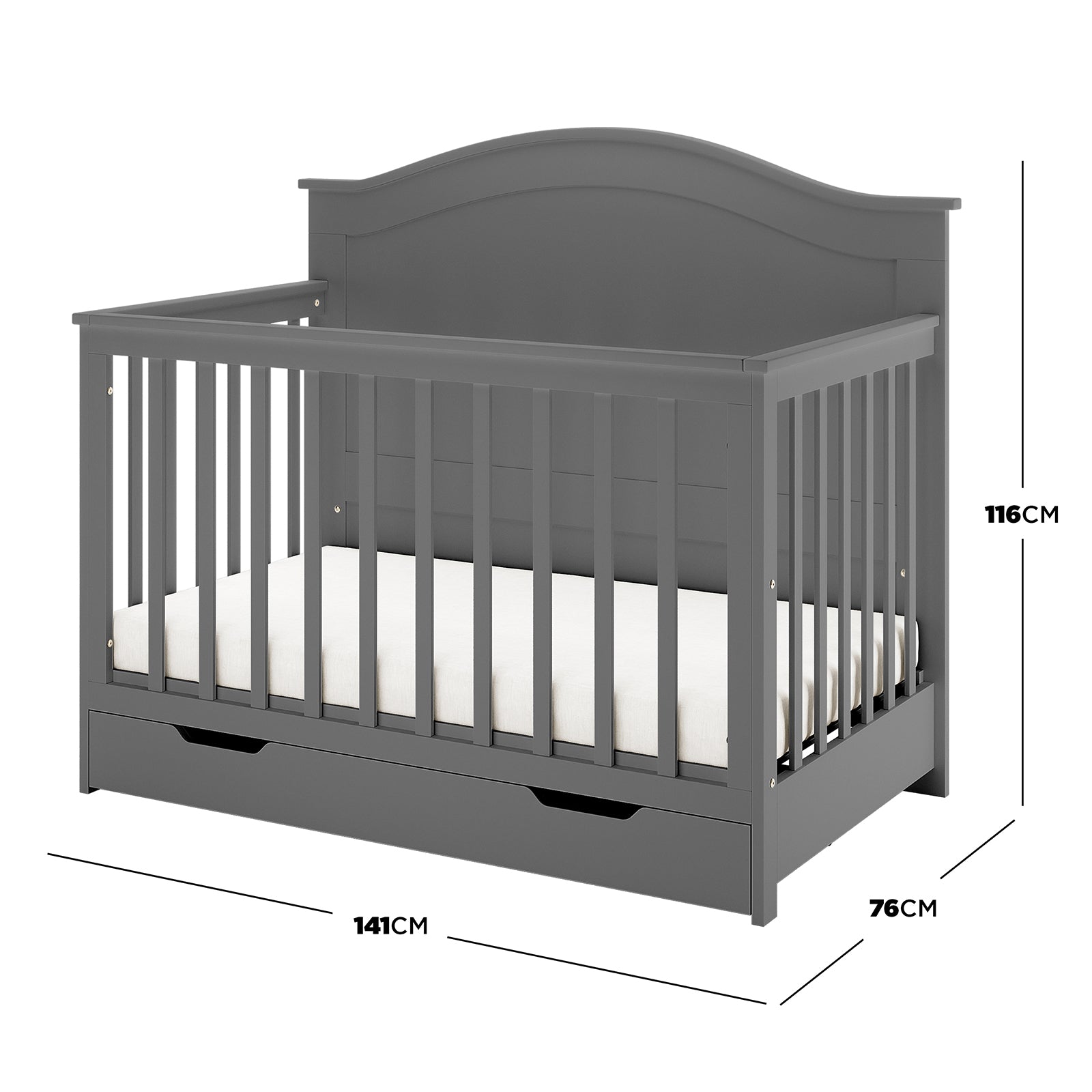 Azeem & Giro Solid Pine Baby Cot with Convertible Rail Set Grey features a gray wooden frame with slatted sides, a scalloped headboard, and a base storage drawer, measuring 141cm x 76cm x 116cm.