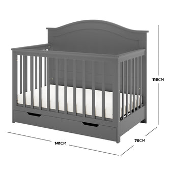 Azeem & Giro Solid Pine Baby Cot with Convertible Rail Set Grey features a gray wooden frame with slatted sides, a scalloped headboard, and a base storage drawer, measuring 141cm x 76cm x 116cm.