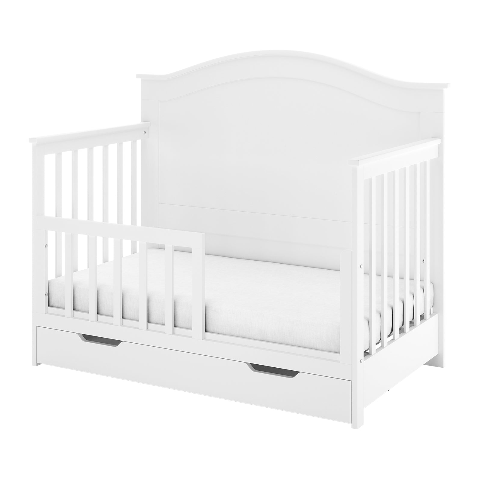 Azeem & Giro Baby Cot with Gydas 10cm Nursery Mattress features a convertible white wooden crib with short guard-rails and pull-out storage, ensuring safety and comfort for babies and toddlers.