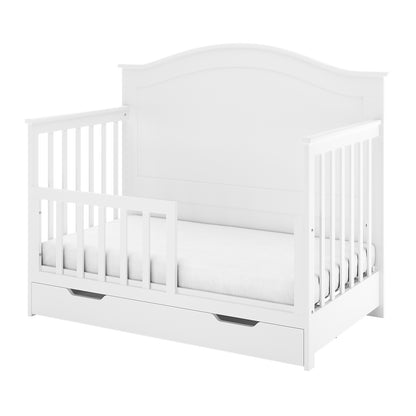 Azeem & Giro Baby Cot with Gydas 10cm Nursery Mattress features a convertible white wooden crib with short guard-rails and pull-out storage, ensuring safety and comfort for babies and toddlers.