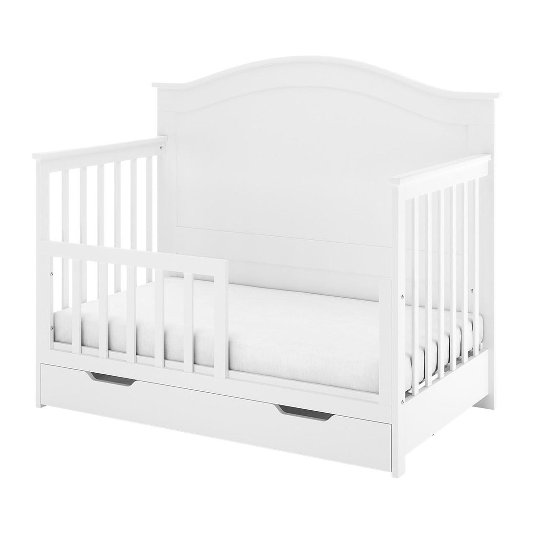 Azeem & Giro Baby Cot in toddler bed setup featuring slatted side rails, a low mattress platform, and a full-width storage drawer, paired with a Gydas 10cm Nursery Mattress for optimal comfort and support.