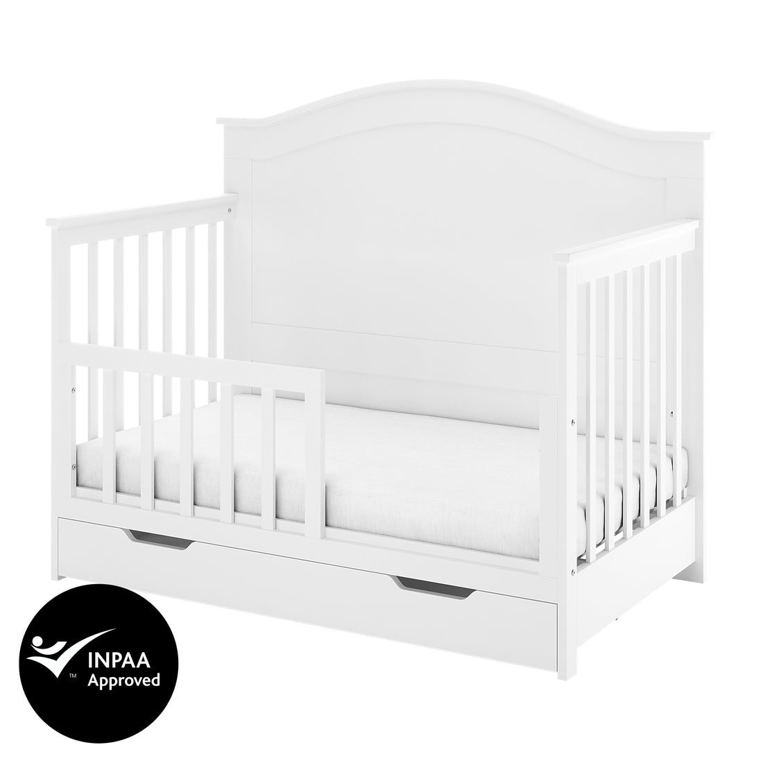 Azeem & Giro Baby Cot with partial side rails, converted into a toddler bed, features a pull-out storage drawer. Paired with Gydas 10cm Nursery Mattress, ensuring comfort and security. INPAA Approved.