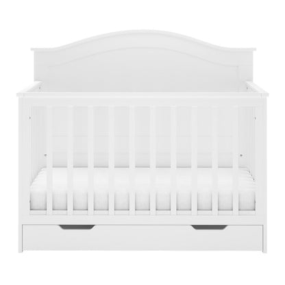 Azeem & Giro Baby Cot features slatted sides and an arched headboard, with a fitted mattress. Includes a pull-out drawer. Paired with Gydas 10cm Nursery Mattress for support and breathability.