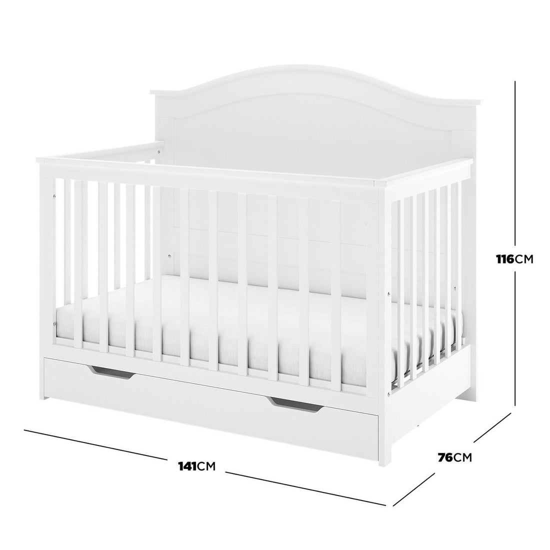 Azeem & Giro Baby Cot with Gydas 10cm Nursery Mattress: white wooden crib with slatted sides, built-in drawer, measures 141cm long, 76cm deep, 116cm high, ensuring comfort and security for newborns and toddlers.