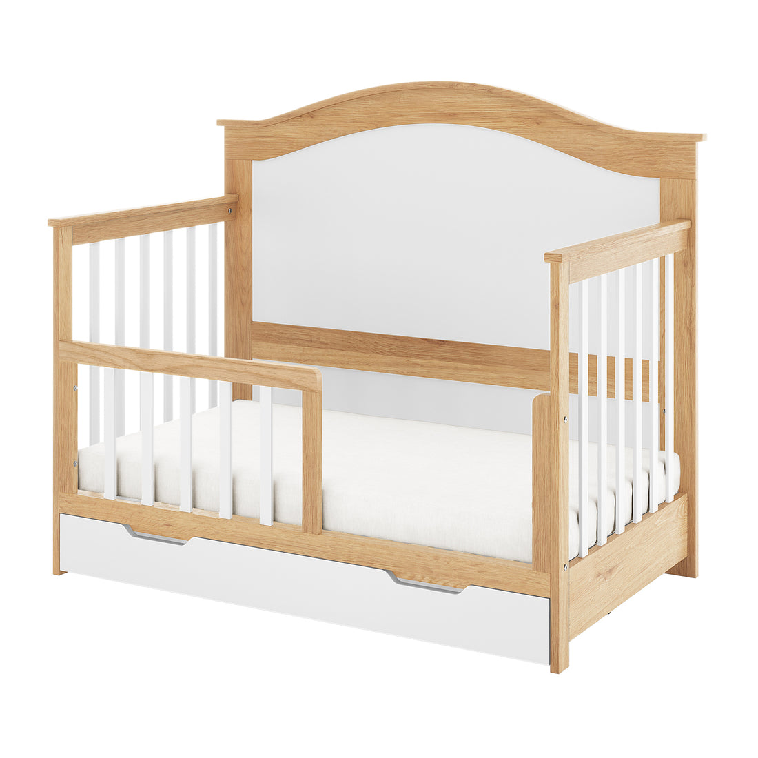 Azeem & Giro Solid Pine Convertible Cot Set with light oak frame, white slatted side rails, white panel headboard, removable guardrail, and built-in storage drawer.