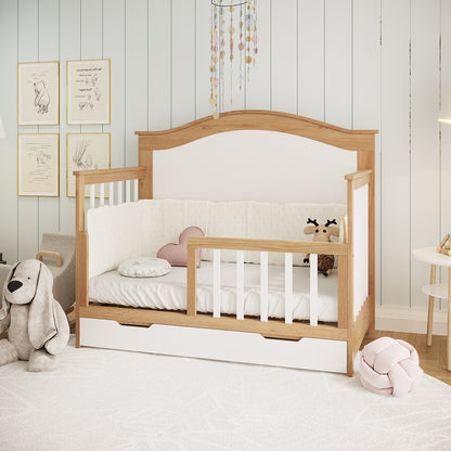 Azeem & Giro Solid Pine Convertible Cot Set in Walnut Tone, featuring a low wooden-and-white design with a partially open side, white fitted sheet, padded bumper, and built-in storage drawer below.